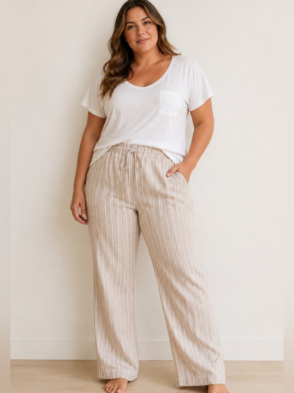 Briggs Beige Pinstripe Wide-Leg Drawstring Pants